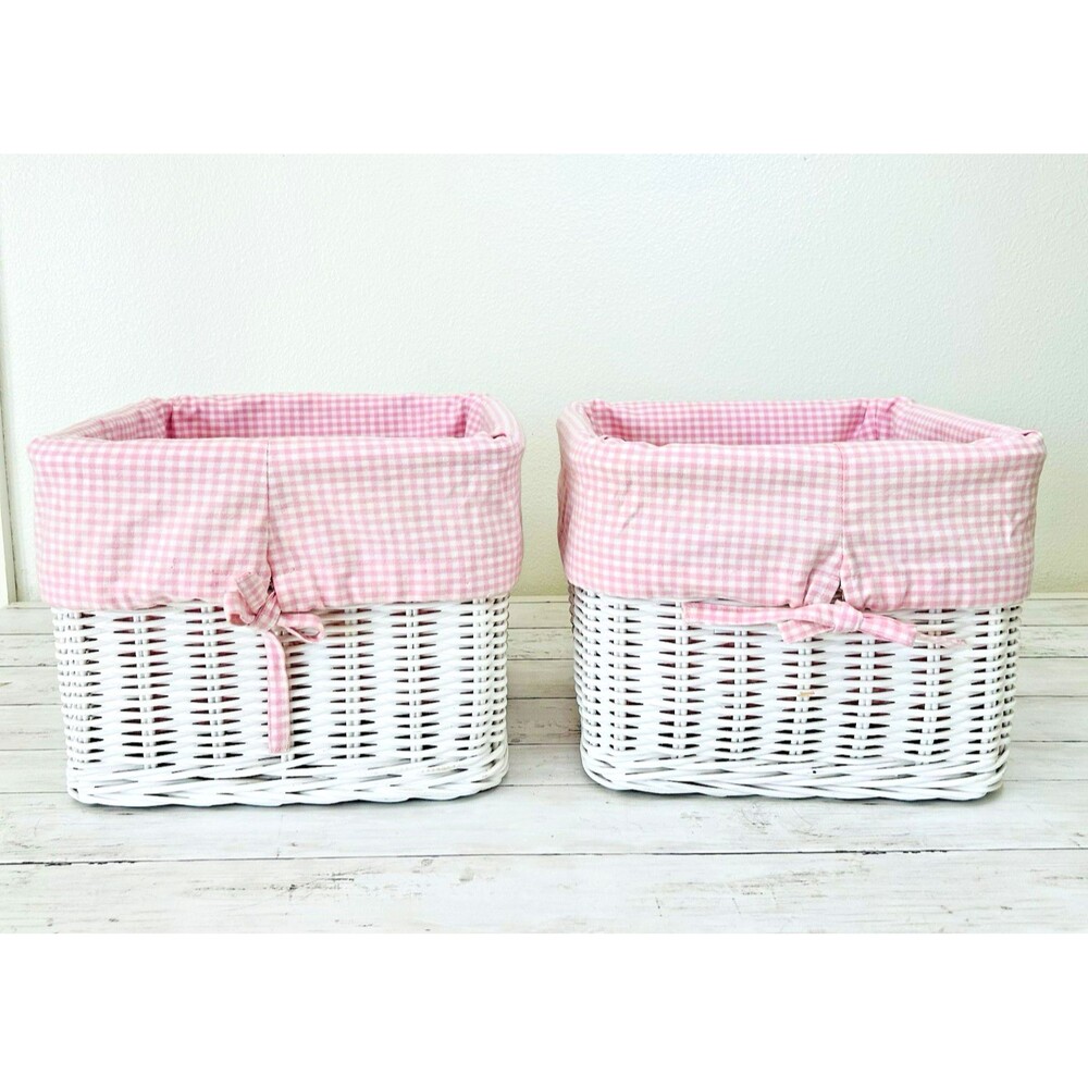 POTTERY BARN KIDS White Sabrina Basket w/ Pink Gingham Liner 12x12x9 Set of 2